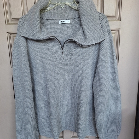 Sonoma Sweater Gray SzXL 1/4Zip Wide Collar /Cuffs Long Sleeves Hem Slit Sides - Picture 4 of 12